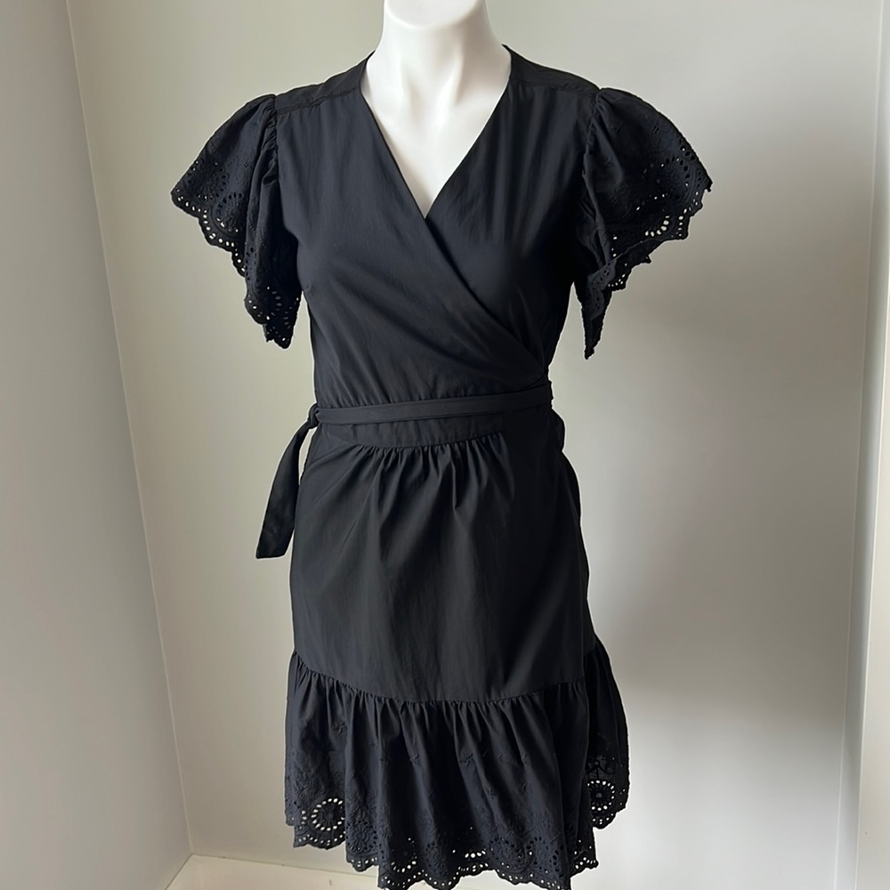 Maette Cotton Black Wrap Eyelet Flutter Sleeve dress size small